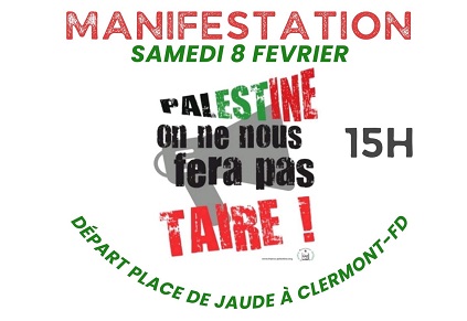 MANIFESTATION PALESTINE samedi 08 février place de Jaude Clermont-Fd