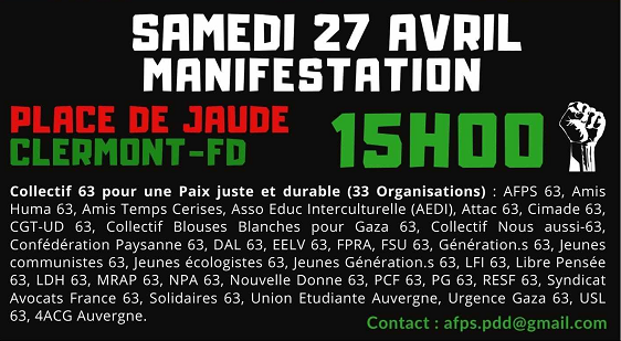 Halte au massacre à Gaza ! Manifestation samedi 27 avril 15h place de Jaude (…)