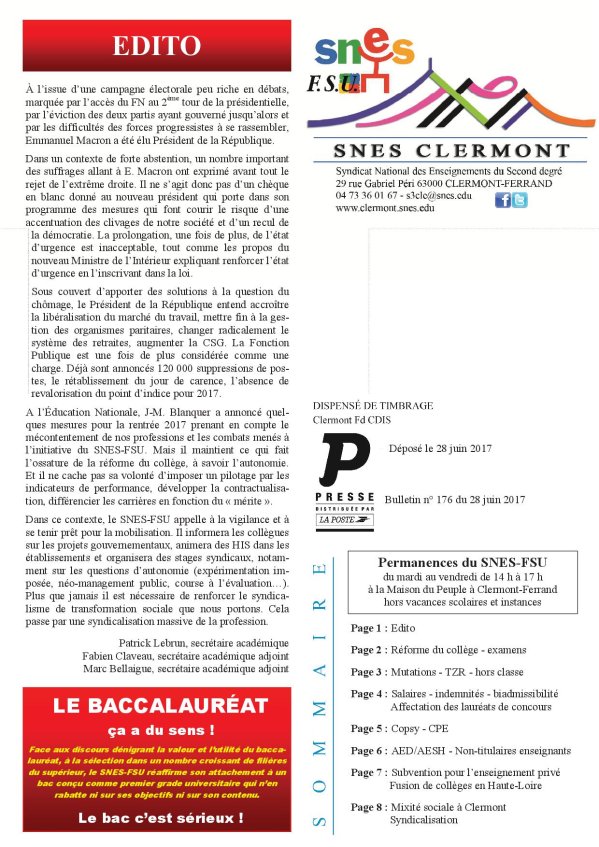 Bulletin n° 176 du 28 juin 2017